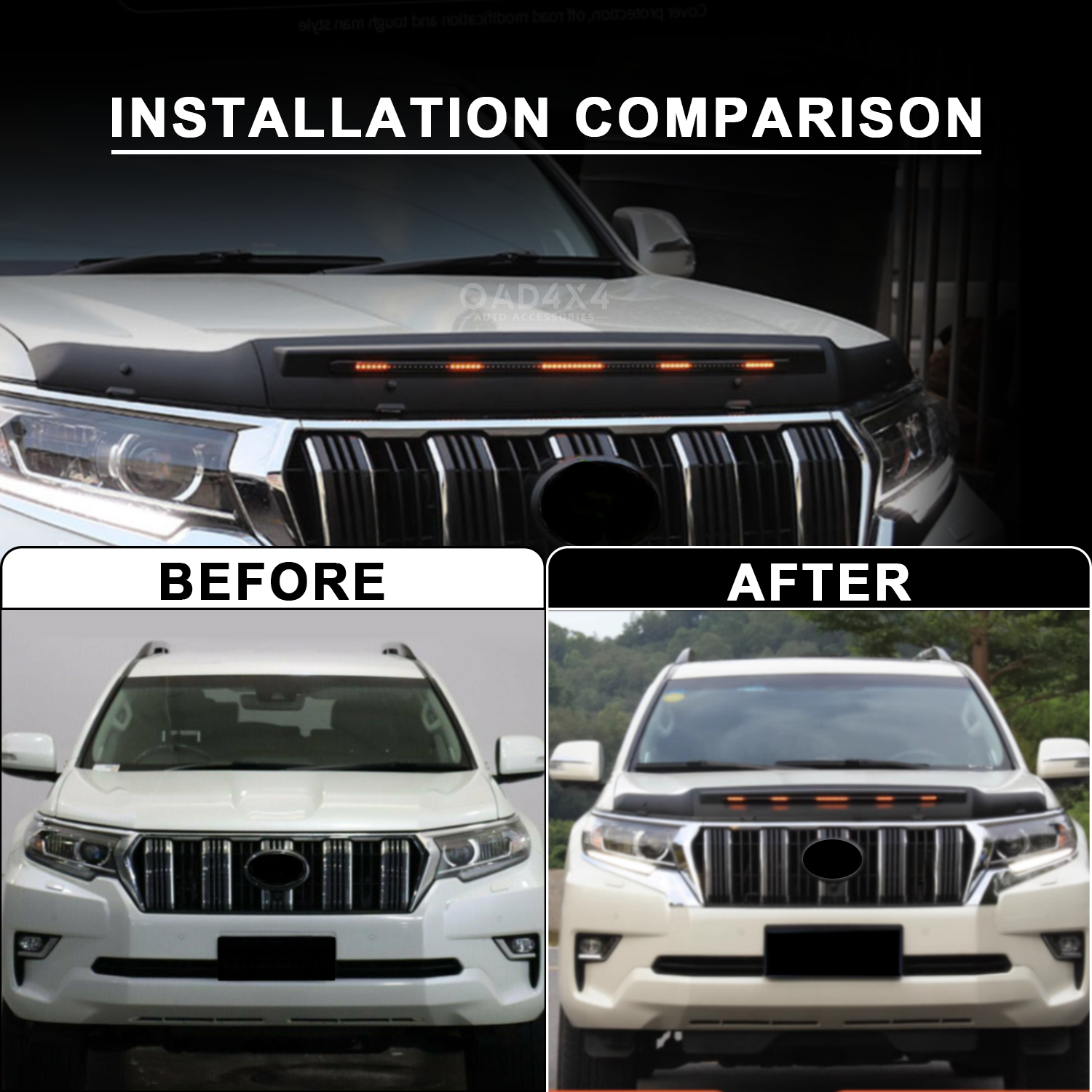 Bonnet Protector with LED Lights for Toyota Land Cruiser Prado 150 2018-2024