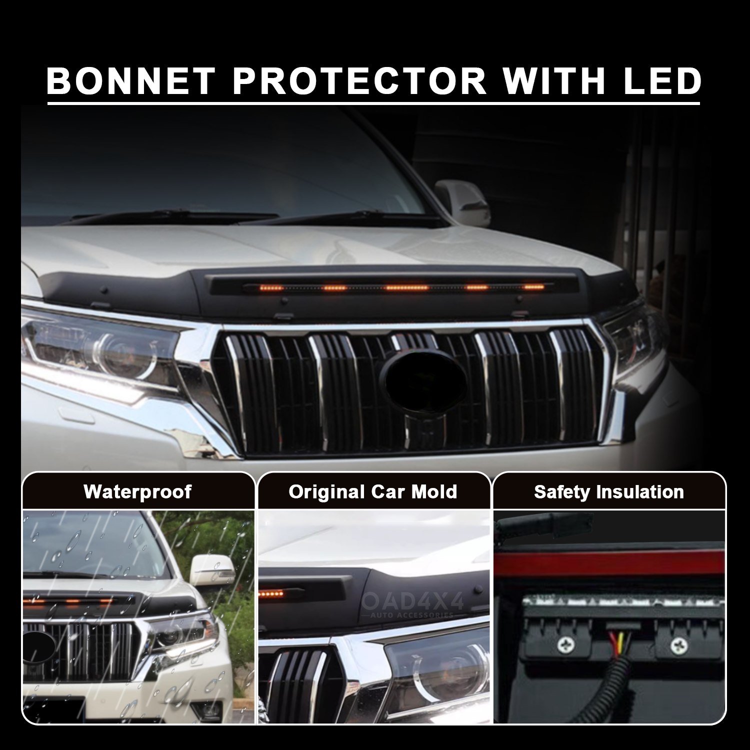 Bonnet Protector with LED Lights for Toyota Land Cruiser Prado 150 2018-2024