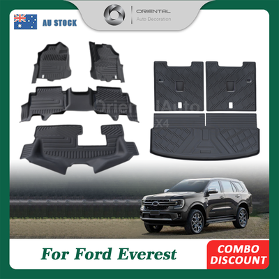 Pre-order 3Rows Floor Mats & 3pcs Cargo Mat fit Ford Everest 2022-Onwards Next-Gen 7 Seater Tailored TPE 5D Door Sill Covered Car Mats + Boot Mat Liner