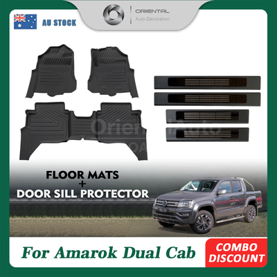5D Floor Mats & Black Door Sills Protector For Volkswagen Amarok NF Series Dual Cab 2023-Onwards Floor Mat Liner + Stainless Steel Scuff Plate Side Kick Door Sill Protector