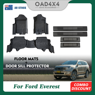 Pre-order 5D TPE Floor Mats & Black Door Sill Protector for Ford Everest 2015-2022 Tailored Door Sill Covered Floor Mat Liner Car Mats + Stainless Steel Scuff Plates