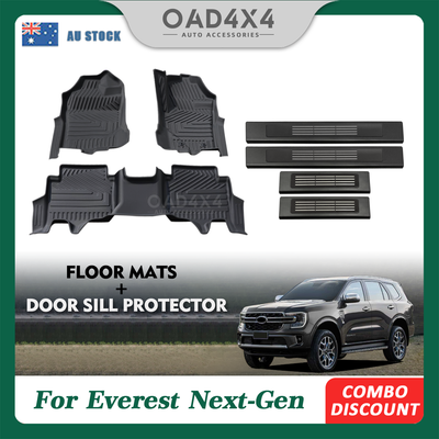 5D TPE Floor Mats & Black Door Sill Protector for Ford Everest Next-Gen 2022-Onwards Tailored Door Sill Covered Floor Mat Liner Car Mats + Stainless Steel Scuff Plates