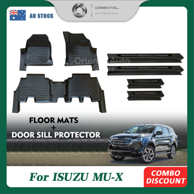 5D TPE Floor Mats & Black Door Sills Protector for ISUZU MUX MU-X 2021-Onwards Tailored Door Sill Covered Floor Mat Liner Car Mats + Stainless Steel Scuff Plates