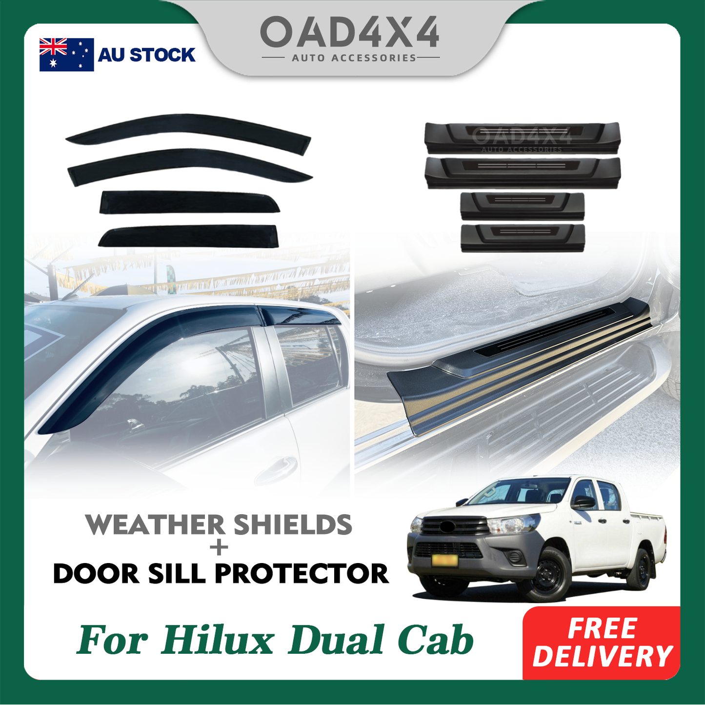 Injection Weather Shields & Black Door Sills Protector for Toyota Hilux Dual Cab 2015+ Weathershields Window Visors
