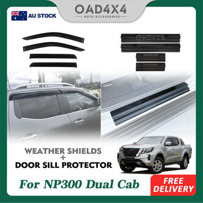 Injection Weather Shields & Black Door Sills Protector For Nissan Navara NP300 D23 Dual Cab Window Visors Weathershields + Scuff Plates