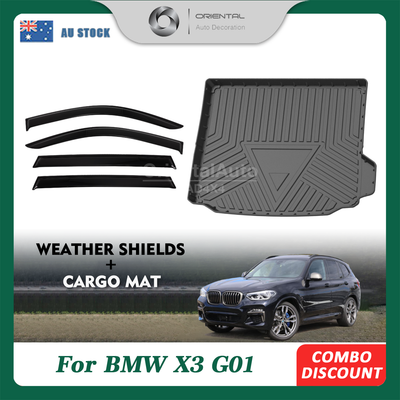 Premium Weathershields & 3D TPE Cargo Mat for BMW X3 G01 2017-Onwards Weather Shields Window Visor + Boot Mat Liner Trunk Mat