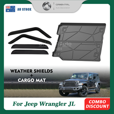Luxury Weathershields & 3D TPE Cargo Mat for Jeep Wrangler 4D 2018-Onwards With Factory Rear Subwoofer Weathershields Window Visor Boot Mat
