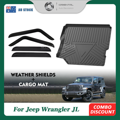 Luxury Weathershields & 3D TPE Cargo Mat for Jeep Wrangler 4D 2018-Onwards Without Factory Rear Subwoofer Weathershields Window Visor Boot Mat