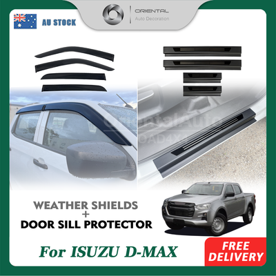 Injection Weather Shields & BLACK Door Sills Protector for ISUZU DMAX D-MAX Dual Cab 2020-Onwards Window Visors Weathershield Scuff Plates