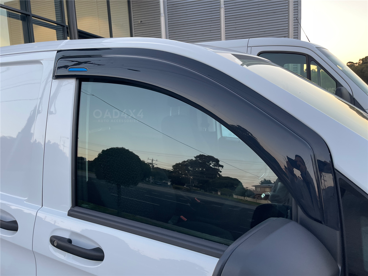 Weather shields for Mercedes-Benz V-Class (2015 onwards) shown installed on driver-side window, offering rain and wind protection with a sleek, aerodynamic fit.