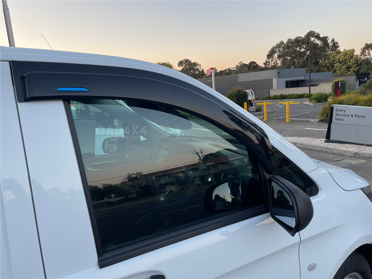 Weather shields for Mercedes-Benz V-Class (2015 onwards) shown installed on driver-side window, offering rain and wind protection with a sleek, aerodynamic fit.