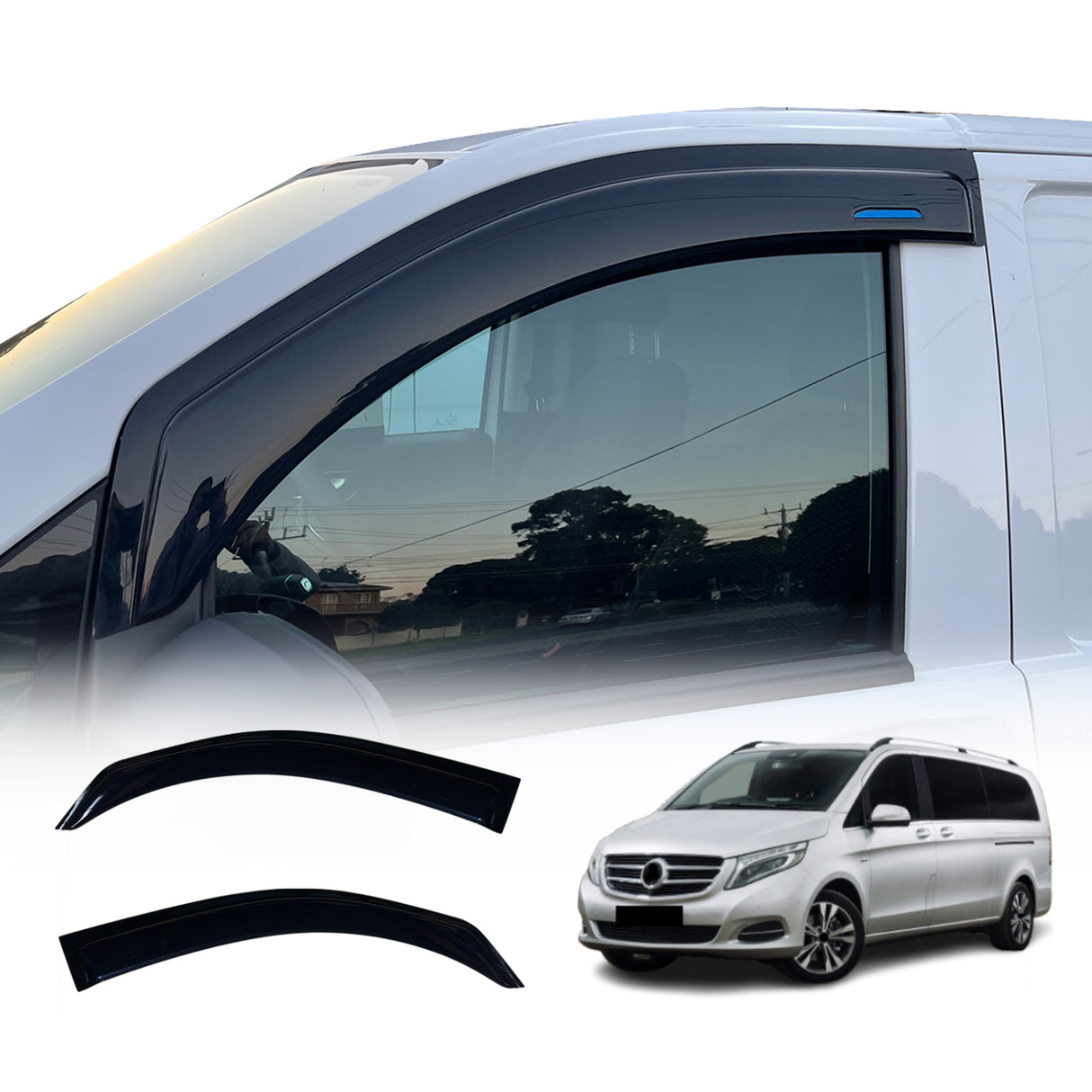 Weather shields for Mercedes Valente/Vito/Marco Polo vans by OAD4X4, showing installed product on white vehicle window, separate shield pieces, and warranty badges.RetryClaude can make mistakes. Please double-check responses.