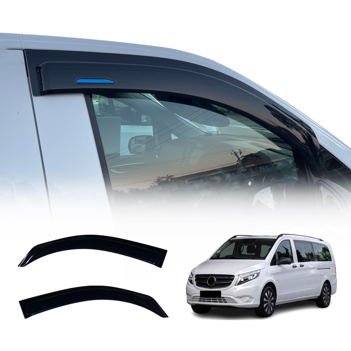 Weather shields for Mercedes Valente/Vito/Marco Polo vans by OAD4X4, showing installed product on white vehicle window, separate shield pieces, and warranty badges.RetryClaude can make mistakes. Please double-check responses.