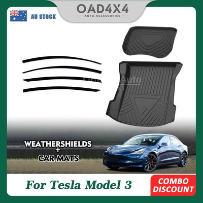 Injection Weathershields & 3D TPE Front Cargo Mat & Rear Boot Mat for Tesla Model 3 2019-2021 Weather Shields Window Visor