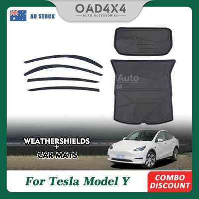 Injection Weathershields & 3D TPE Front Cargo Mat & Rear Boot Mat for Tesla Model Y 2022-Onwards Weather Shields Window Visor Trunk Mat