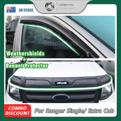 Injection Bonnet Protector & Premium Weathershield for Ford Ranger Single / Extra Cab 2012-2015 Weather Shields Window Visor + Hood Protector Bonnet Guard