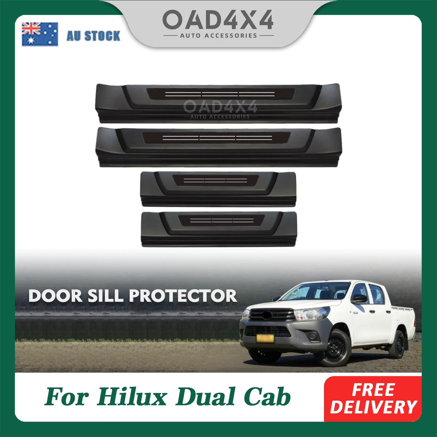 Black Door Sill Protector for Toyota Hilux 2015-Onwards Stainless Steel Scuff Plates Door Sills Protector