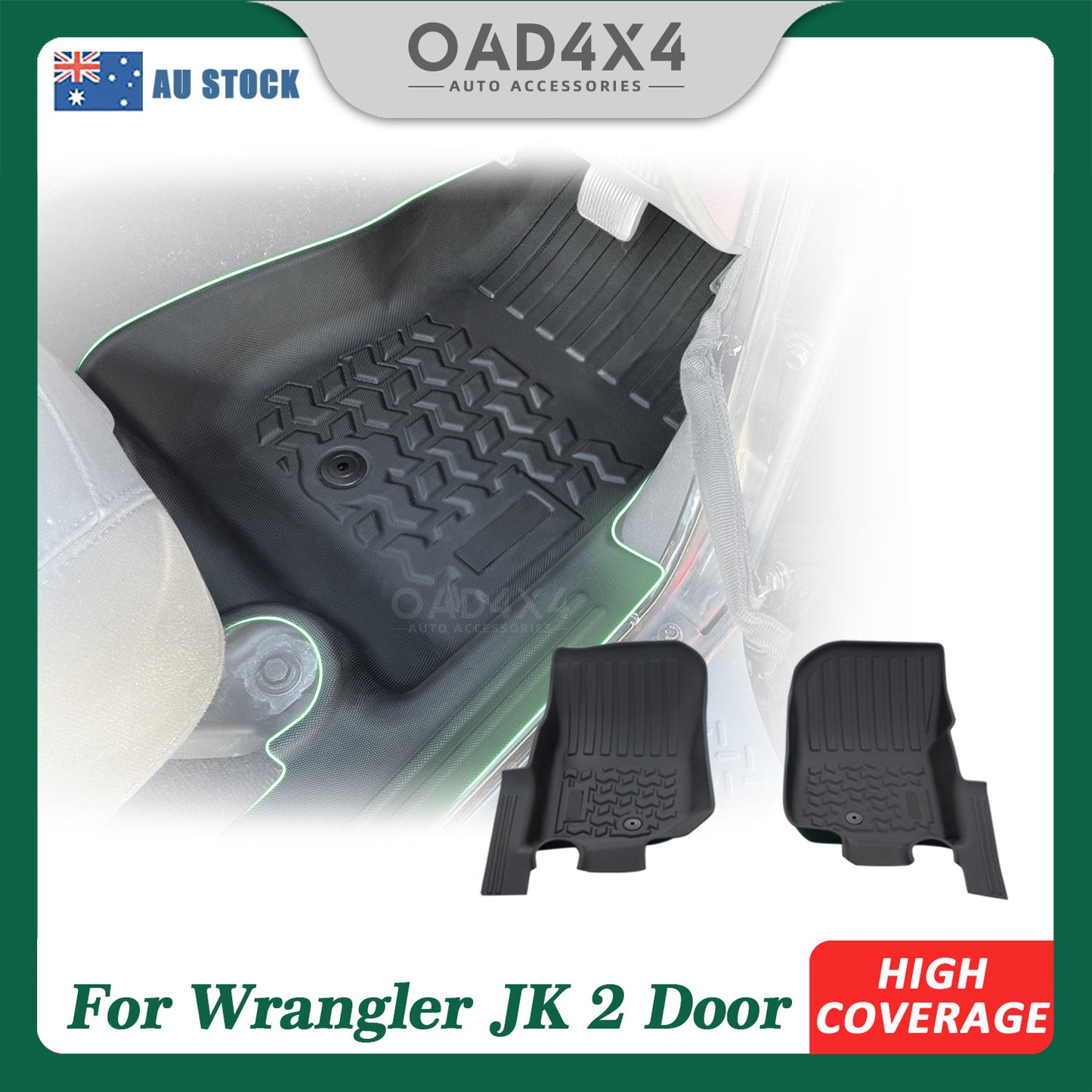 5D Floor Mats 2pcs for Jeep Wrangler JK Series 2 Doors 2007-2018 Tailored TPE Door Sill Covered Floor Mat Liner