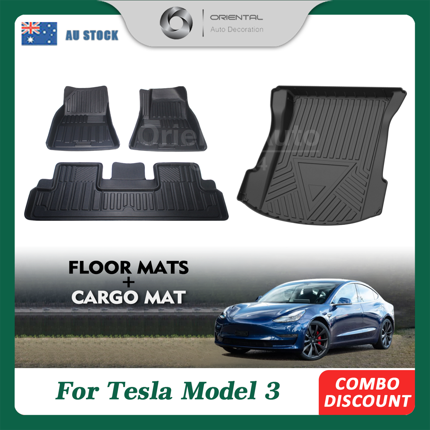 Custom 3D Floor Mats & 3D Cargo Mat Boot Mat for Tesla Model 3 2019-2023 Car Mats