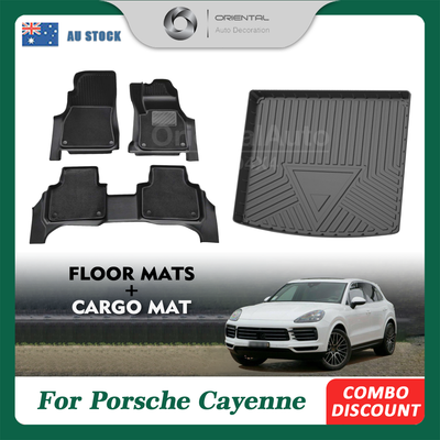 5D TPE Upper Carpet Floor Mats & 3D Cargo Mat for Porsche Cayenne 9YA 2018-Onwards Tailored Door Sill Covered Floor Liner+Boot Mat