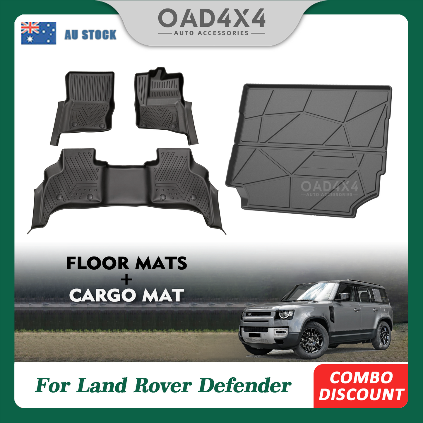 5D TPE Floor Mats & 3D Cargo Mat for Land Rover Defender L663 110 2020-Onwards Tailored Door Sill Covered Floor Mat Liner Car Mats + Boot Liner Trunk Mats