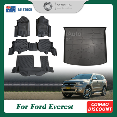 3ROWS 5D TPE Floor Mats & 3D Cargo Mat for Ford Everest 2015-2022 Tailored Door Sill Covered Floor Mat Liner Car Mats + Boot Liner Trunk Mat
