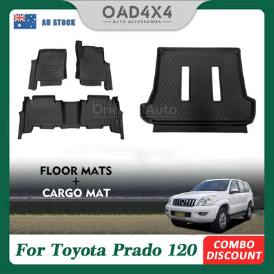 5D TPE Floor Mats & Cargo Mat for Toyota Landcruiser Prado 120 GX / GXL / Pilbara / Standard 2003-2009 Tailored Door Sill Covered Floor Mat Liner + Boot Mat Liner Trunk Mat