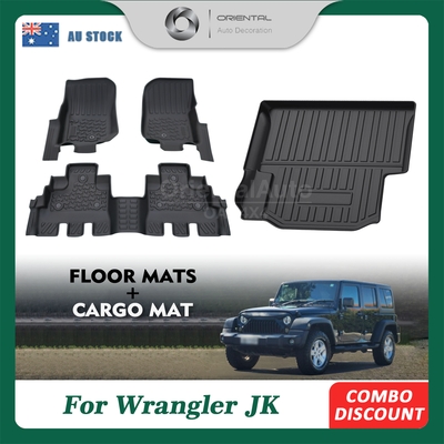 5D Floor Mats & Cargo Mat for Jeep Wrangler JK Series 2007-2011 Tailored TPE Door Sill Covered Floor Mat Liner + Boot Mat Liner Trunk Mat
