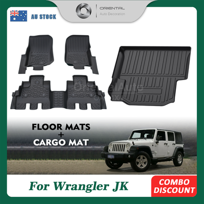 5D Floor Mats & Cargo Mat for Jeep Wrangler JK Series 2012-2018 Tailored TPE Door Sill Covered Floor Mat Liner + Boot Mat Liner Trunk Mat
