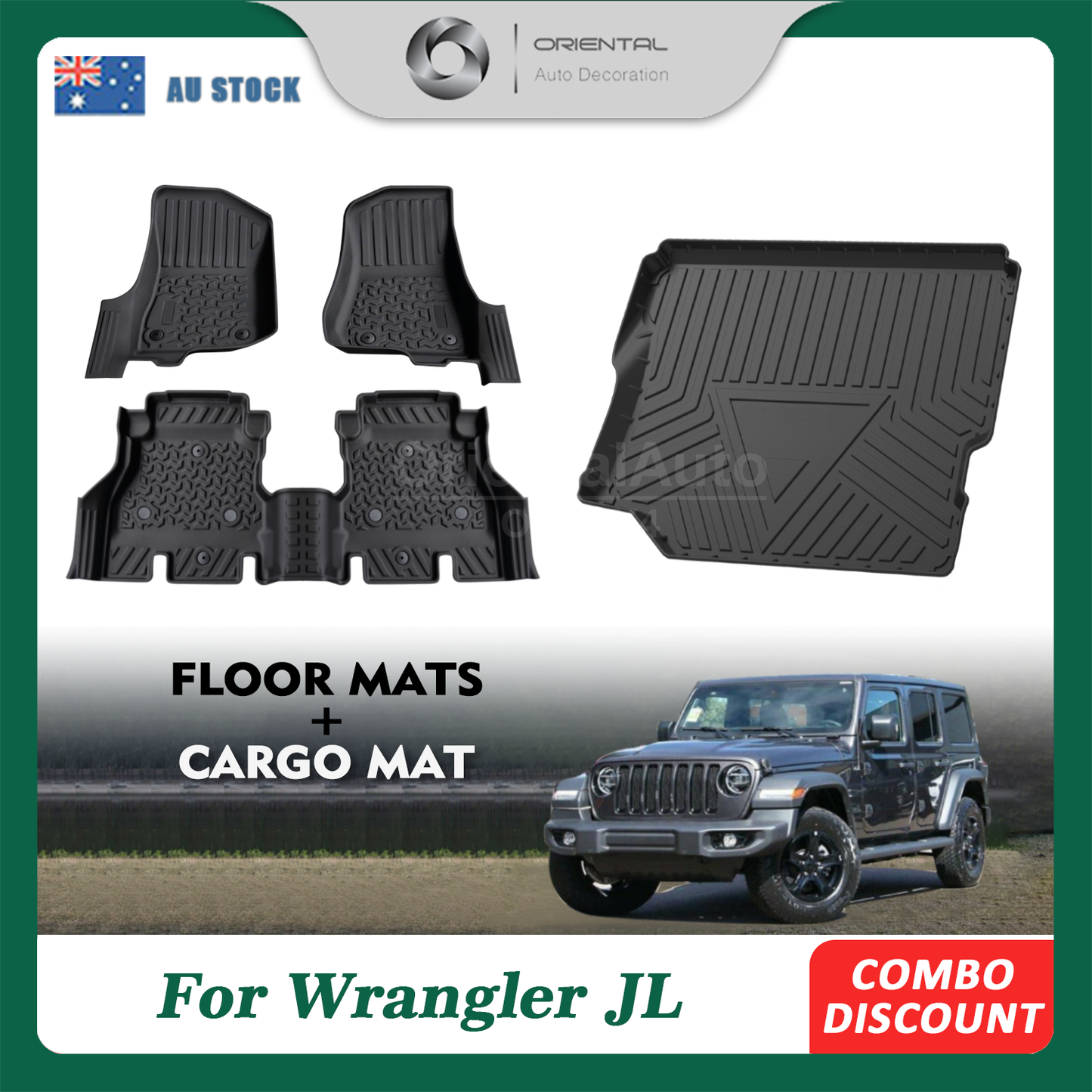 TPE 5D Floor Mats & 3D Cargo Mat for Jeep Wrangler JL Series 2018-Onwards Without Factory Rear Subwoofer Tailored TPE Door Sill Covered Floor Mat Liner + Boot Mat Liner Trunk Mat