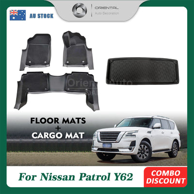 5D TPE Floor Mats + 3D Cargo Mat for Nissan Patrol Y62 2012+ Door Sill Covered Car Mats + Boot Liner