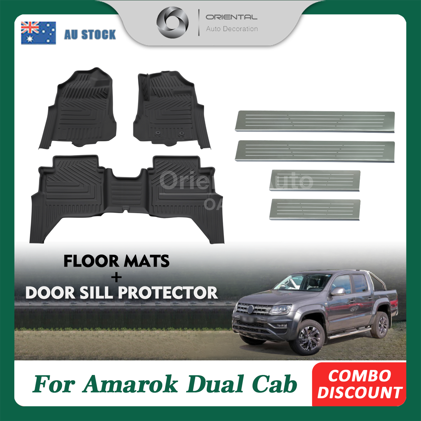 5D Floor Mats & Door Sills Protector For Volkswagen Amarok NF Series Dual Cab 2023-Onwards MY23 Floor Mat Liner + Stainless Steel Scuff Plate Side Kick Door Sill Protector