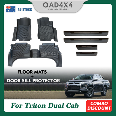 5D TPE Floor Mats & Black Door Sill Protector for for Mitsubishi Triton Dual Cab MQ MR 2015-2024 Door Sill Covered Tailored Car Mats
