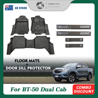 5D Floor Mats & Door Sills Protector fit Mazda BT50 BT-50 Dual Cab 2011-2020 Tailored TPE Door Sill Covered Floor Mat Liner Car Mats + Stainless Steel Scuff Plates