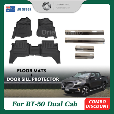 OAD 3D Floor Mats & Door Sills Protector for Mazda BT-50 BT50 Dual Cab 2020-Onwards Tailored TPE Door Sill Covered Floor Mat Liner Car Mats + Stainless Steel Scuff Plates