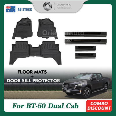 OAD 3D Floor Mats & Black Door Sills Protector for Mazda BT-50 BT50 Dual Cab 2020-Onwards Tailored TPE Door Sill Covered Floor Mat Liner Car Mats + Stainless Steel Scuff Plates