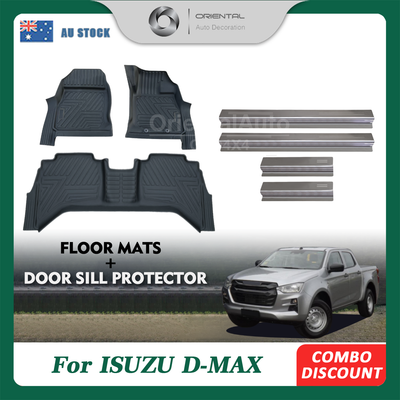 OAD Floor Mats & Door Sills Protector fit ISUZU D-MAX DMAX Dual Cab 2020+ Tailored TPE 5D Door Sill Covered Floor Mat Liner + Stainless Steel Scuff Plates
