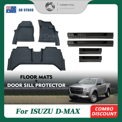 OAD Floor Mats & Black Door Sills Protector fit ISUZU D-MAX DMAX Dual Cab 2020+ Tailored TPE 5D Door Sill Covered Floor Mat Liner + Stainless Steel Scuff Plates