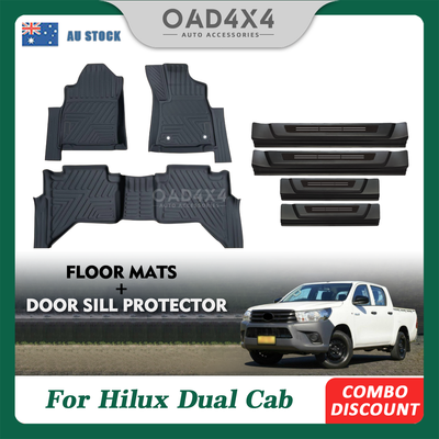 5D TPE Floor Mats & Black Door Sills Protector for Toyota Hilux Auto Dual Cab 2015-Onwards Tailored Door Sill Covered Floor Mat Liner + Stainless Steel Scuff Plates