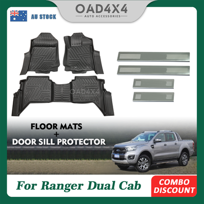 5D Floor Mats & Stainless Steel Door Sills Protector fit Ford Ranger Dual Cab 2011-2022 Tailored TPE Door Sill Covered Floor Mat Liner Car Mats + Stainless Steel Scuff Plates