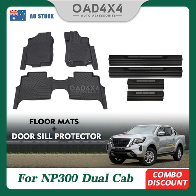 5D TPE Floor Mats & Black Door Sills Protector for Nissan Navara NP300 D23 Dual Cab 2015-Onwards With Cup Holder Tailored Door Sill Covered Car Floor Mat Liner + Stainless Steel Scuff Plates