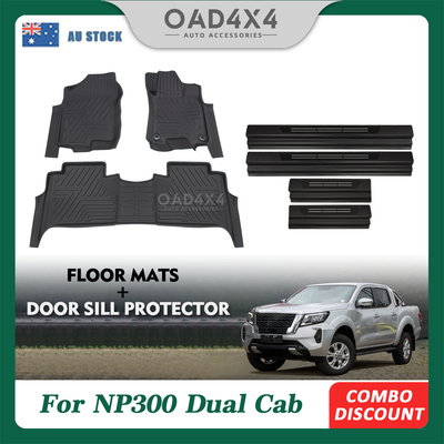 5D TPE Floor Mats & Black Door Sills Protector for Nissan Navara NP300 D23 Dual Cab 2015-Onwards Without Cup Holder Tailored Door Sill Covered Car Floor Mat Liner + Stainless Steel Scuff Plates