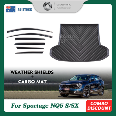 Injection 6pcs Stainless Weather Shields & 3D TPE Cargo Mat for KIA Sportage NQ5 S/SX 2021-Onwards Weathershields Window Visor + Boot Mat Liner Trunk Mat