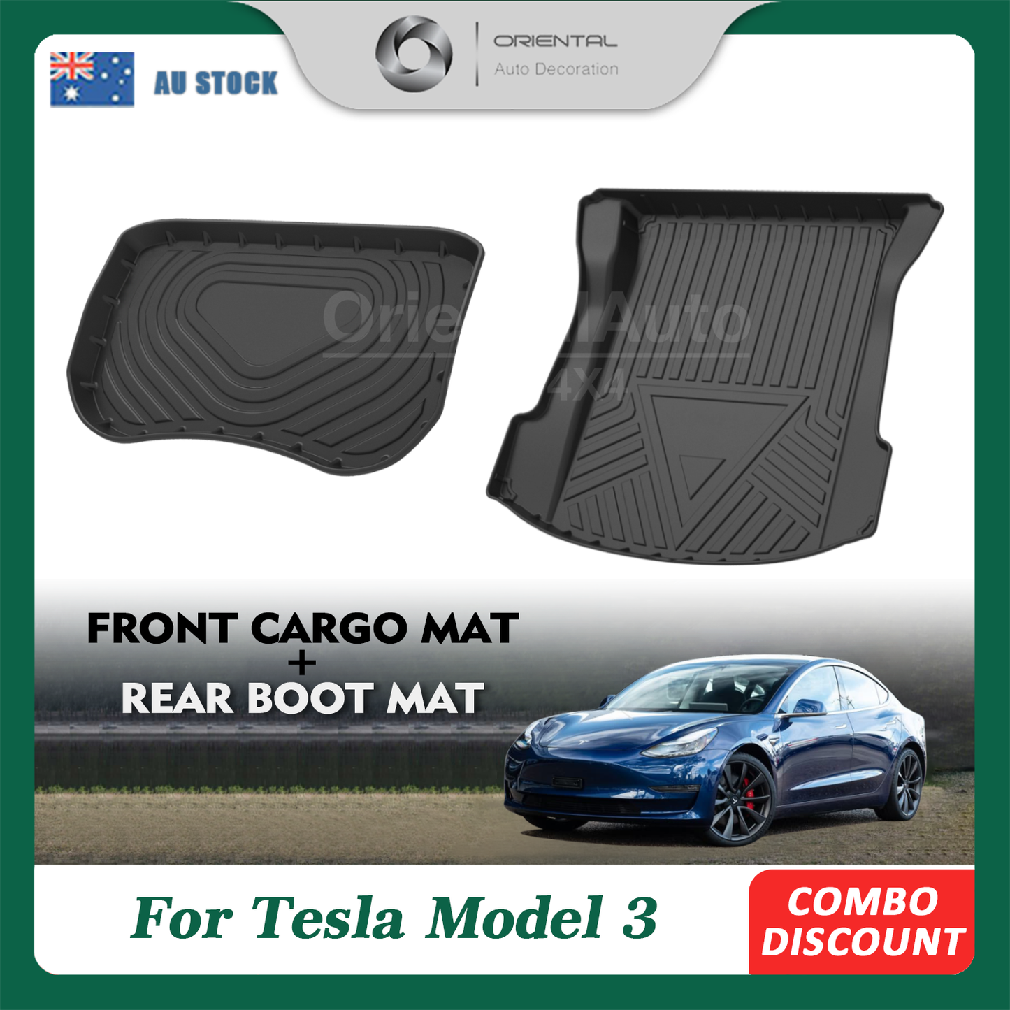 OAD 3D TPE Front Cargo Mat & Rear Boot Mat for Tesla Model 3 2019-2021 Trunk Mat Boot Liner