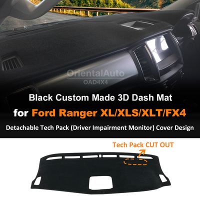 3D Black Dash Mat for Ford Ranger XL/XLS/XLT/FX4 2015-2022 Dashboard Cover