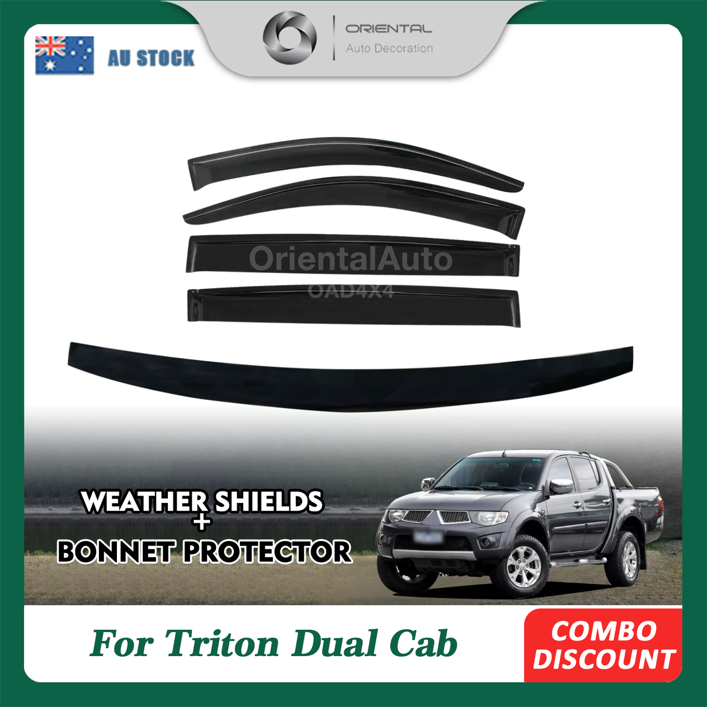 Bonnet Protector & Injection Weathershields Weather Shields Window Visor for Mitsubishi Triton Dual Cab 2006-2015