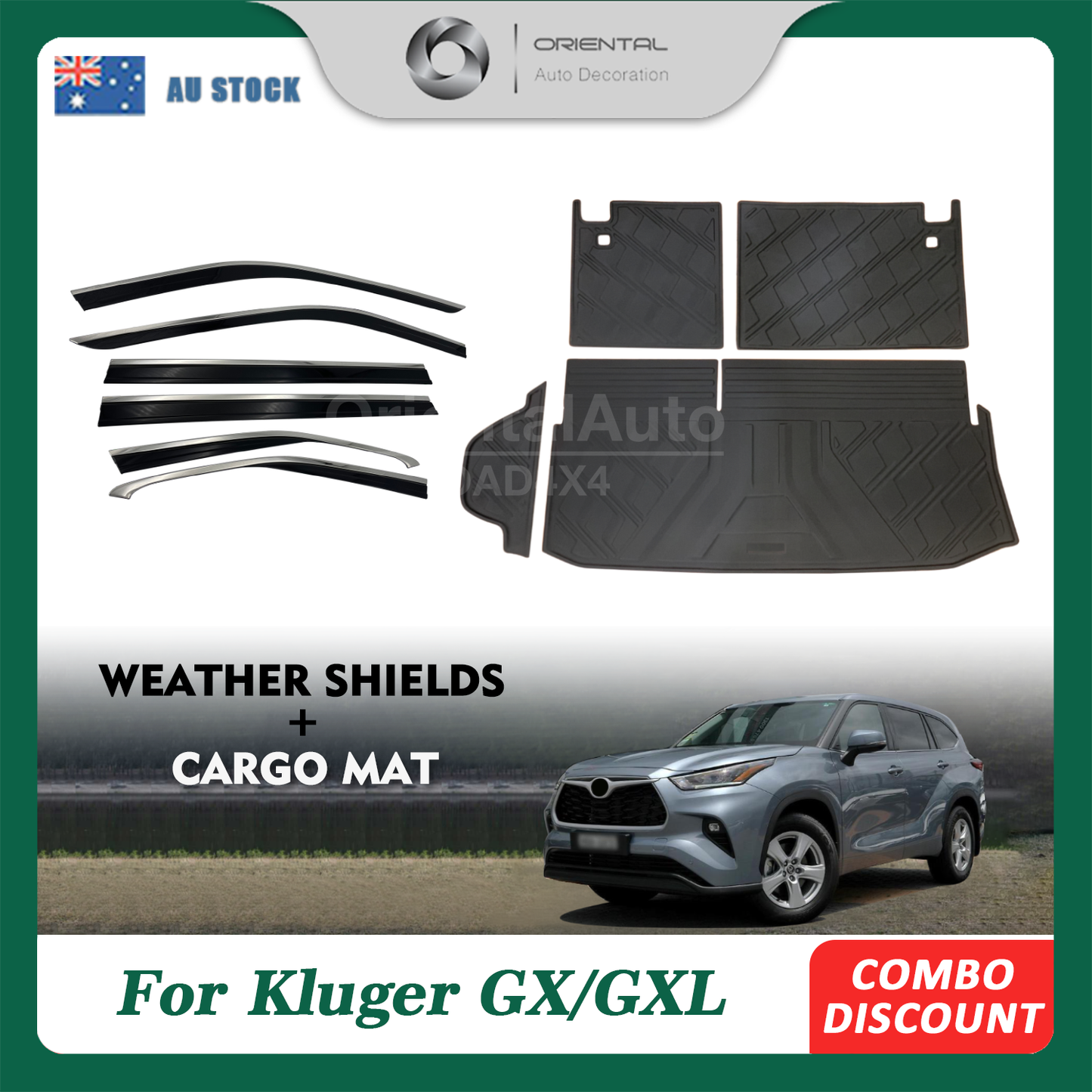 Injection 6pcs Stainless Weather shields & 3D TPE Detachable Cargo Mat Boot Mat for Toyota Kluger GX GXL 2021-Onwards 3pcs Weathershields Window Visor