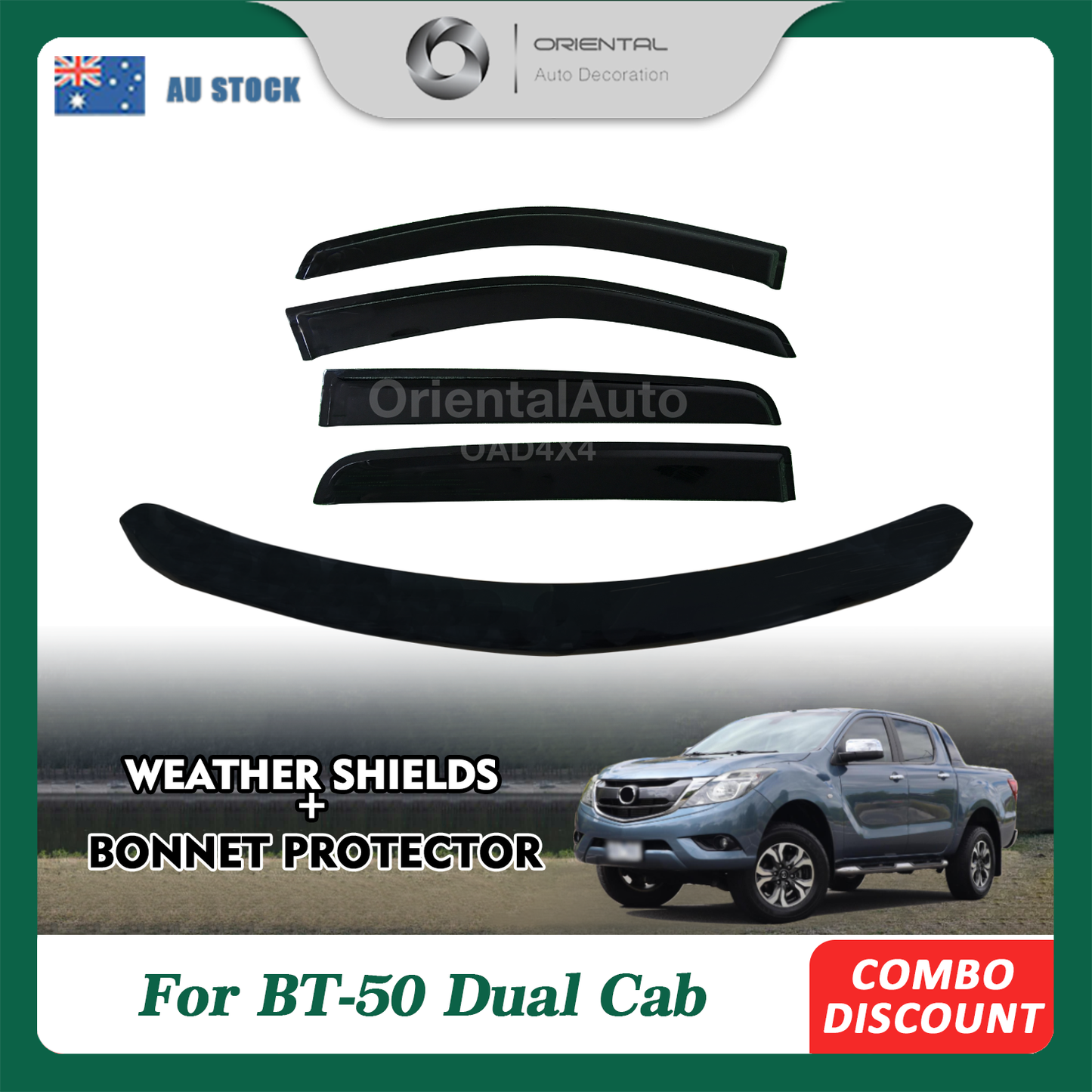 OAD Bonnet Protector & Injection Weathershields Weather Shields Window Visor for Mazda BT-50 BT50 Dual Cab 2011-2020