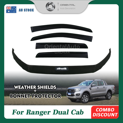 Injection Bonnet Protector & Injection Weathershield for Ford Ranger Dual Cab 2016-2022 Weather Shields Window Visor + Hood Protector Bonnet Guard