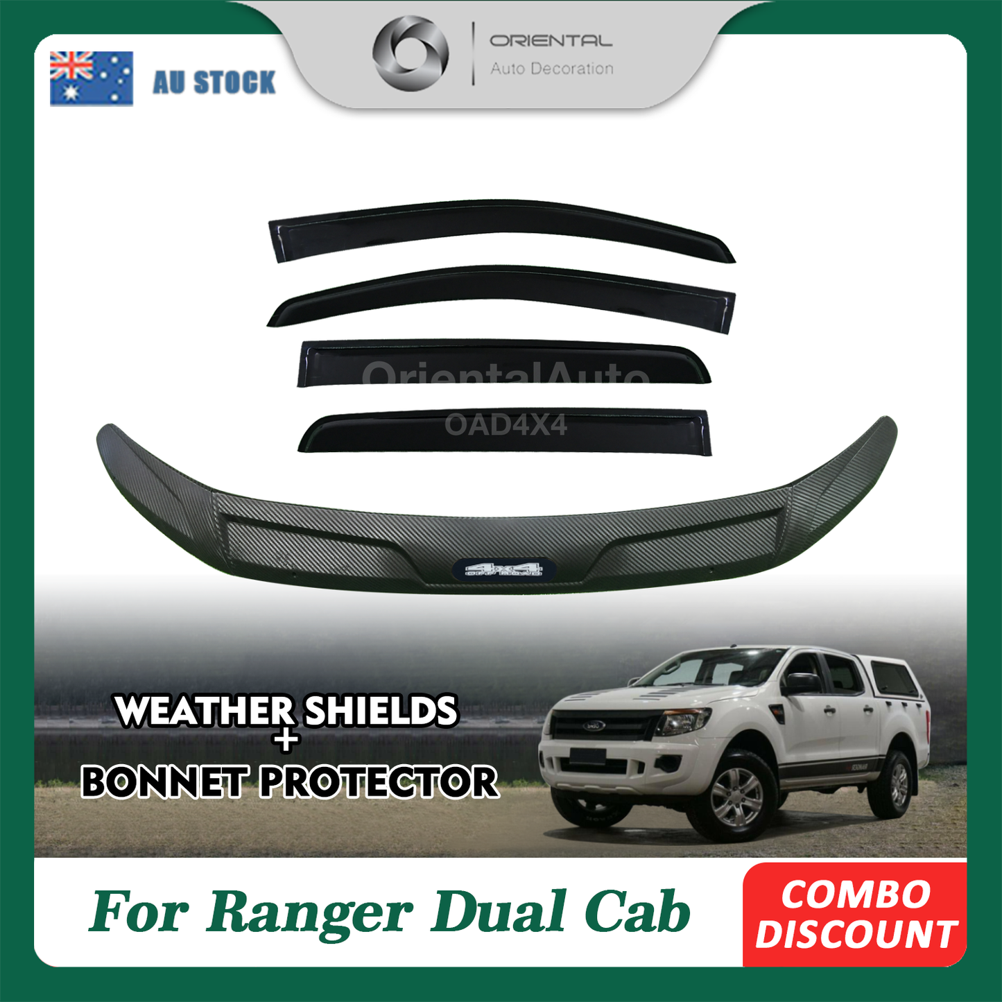 Injection Bonnet Protector & Injection Weathershield for Ford Ranger Dual Cab 2012-2015 Weather Shields Window Visor + Hood Protector Bonnet Guard